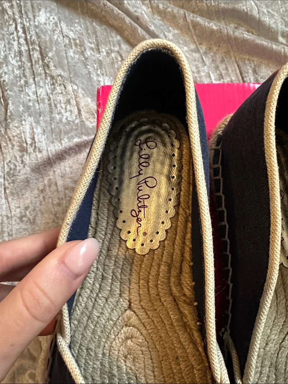 Lilly Pulitzer Navy Canvas Espadrilles with Gold Seahorse Applique